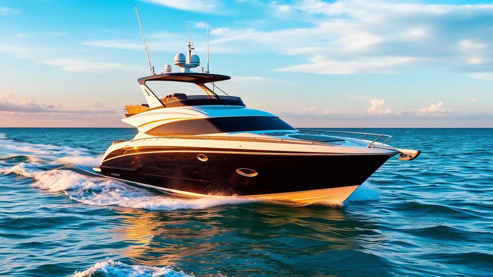 Luxury motor yacht cruising calm turquoise waters at golden hour, representing protected marine ownership.